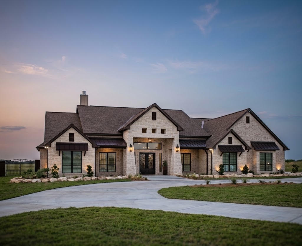Custom home exterior with finished doors and windows