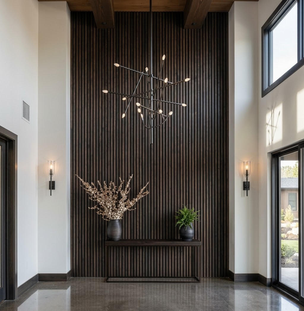 Interior entry finish carpentry with wood slat wall
